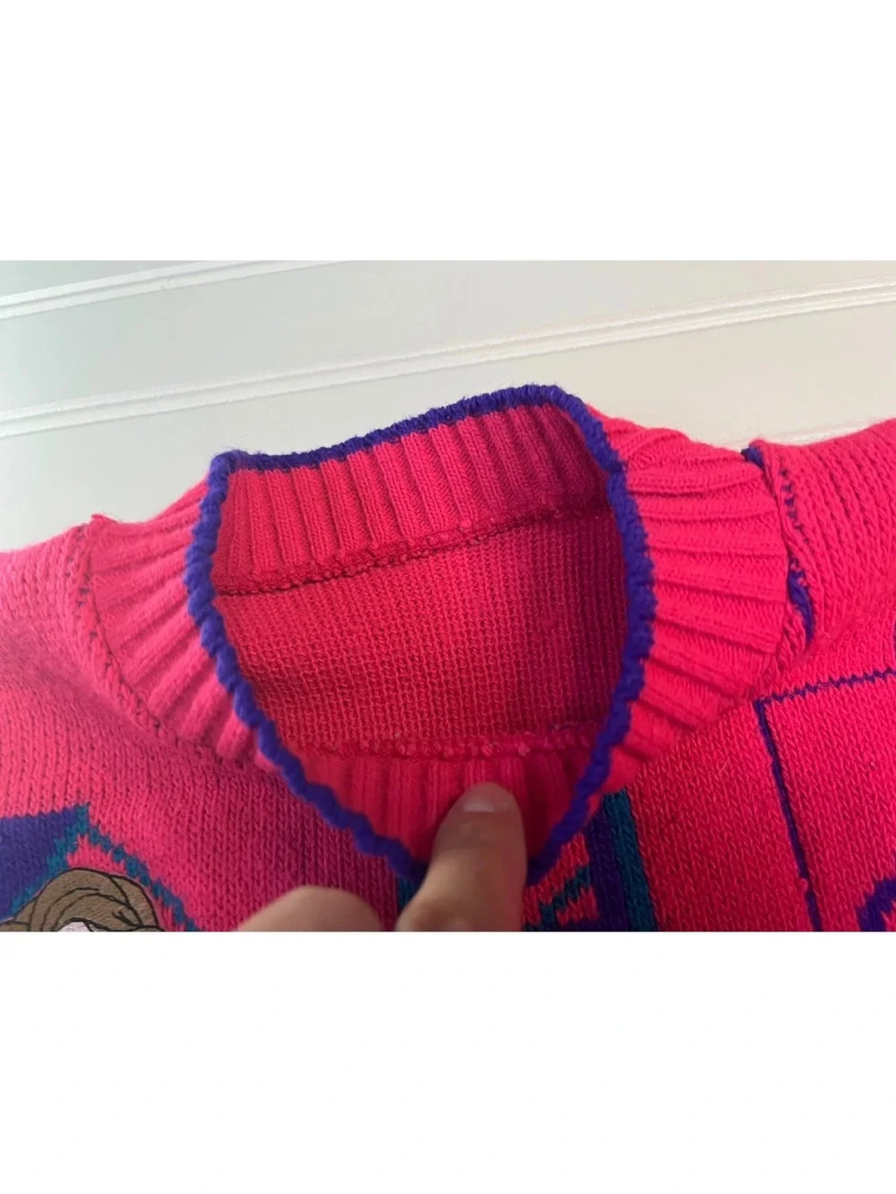 Vintage 90s Disney Beauty and the Beast Pink & Navy Graphic Knit Sweater RARE
